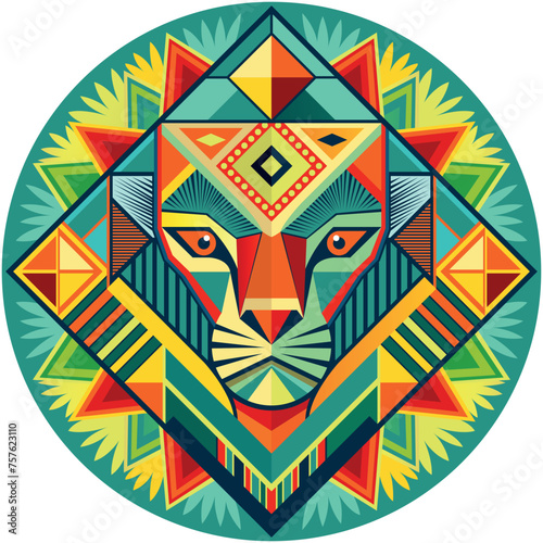 Front view of African mask shaped like a lion head in geometric style with warm colors