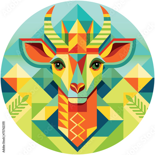Front view of African mask shaped like a giraffe head in geometric style with warm colors