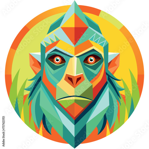 Front view of African mask shaped like a gorilla head in geometric style with warm colors