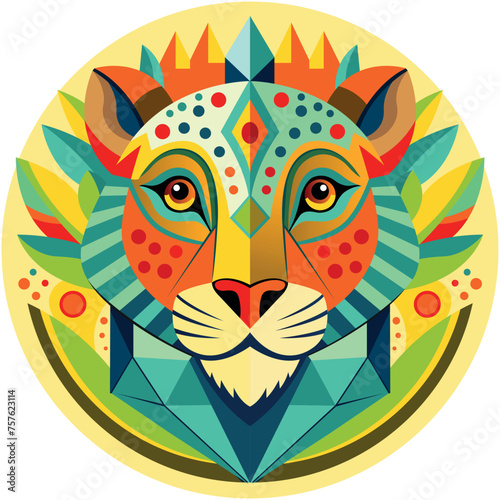 Front view of African mask shaped like a leopard head in geometric style with warm colors