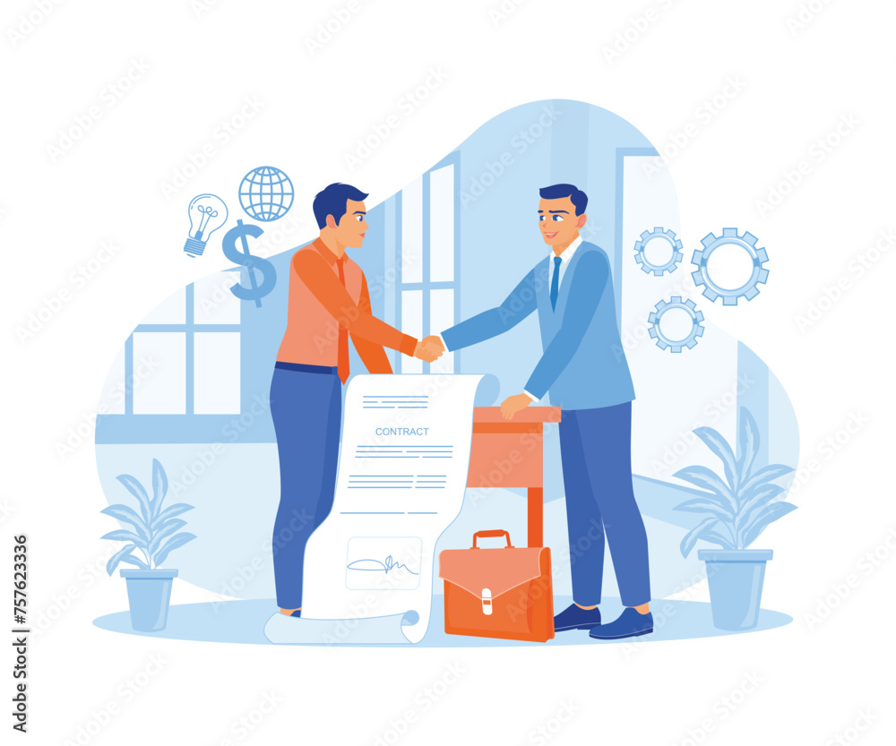 Businessman standing at an office desk. Shaking hands after signing a business contract. Contract agreement concept. Flat vector illustration.