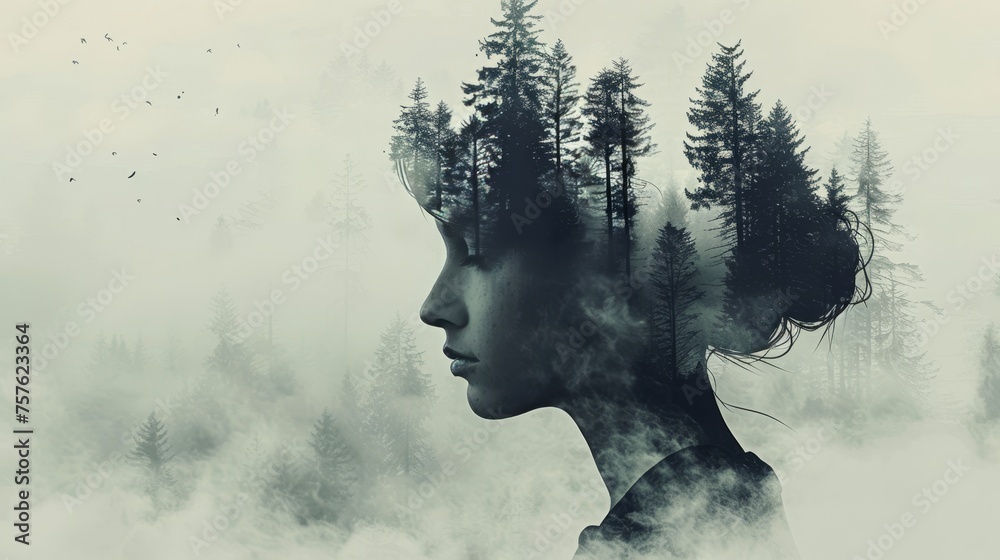 Surreal double exposure  woman s silhouette blended with enchanting forest landscape