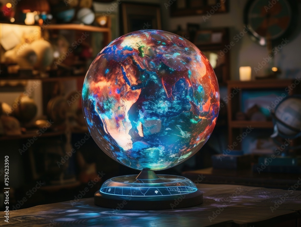 A holographic globe displays Earth's splendor, continents shimmering with iridescent hues amidst celestial bodies 🌍🌌✨ A holographic globe displays Earth's splendor, continents shimmering with iridescent hues amidst celestial bodies 🌍🌌✨