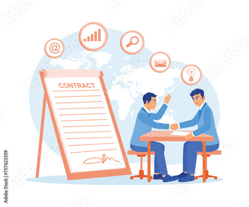 Business people shaking hands on the table. Approve and sign business contracts. Contract agreement concept. Flat vector illustration.
