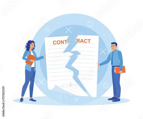 Two business people in the office cancel the business contract they had signed together. Contract agreement concept. Flat vector illustration.