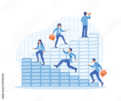 Manager standing on stairs looking with binoculars. Employees walk up the stairs to reach targets. Success Business concept. Flat vector illustration.
