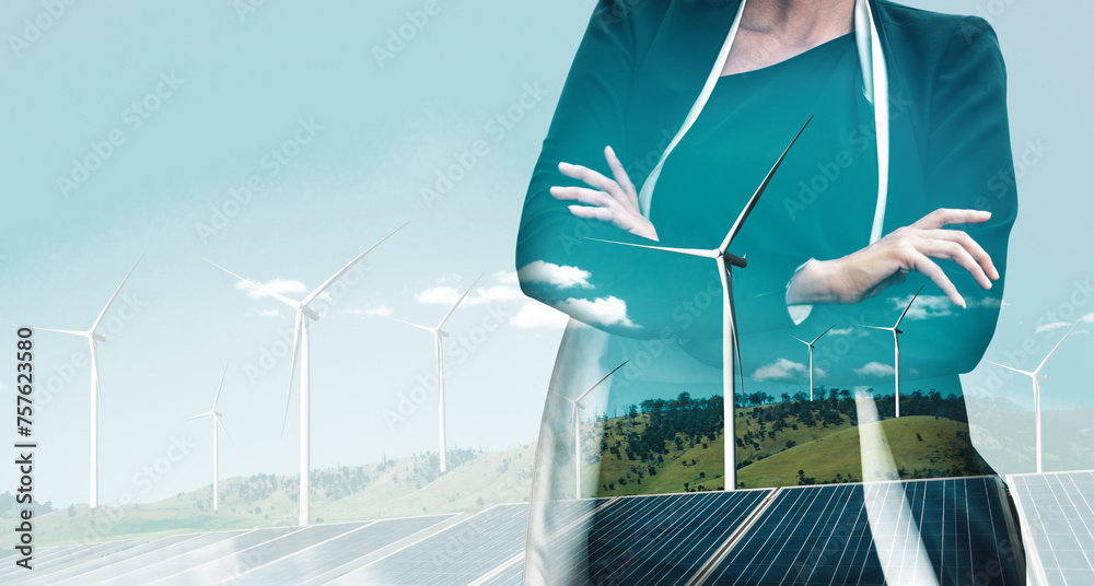 Double exposure graphic of business people working over wind turbine farm and green renewable energy worker interface. Concept of sustainability development by alternative energy. uds - obrazy, fototapety, plakaty 