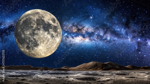 Detailed close up illustration of moon surface in galaxy space planet landscape view