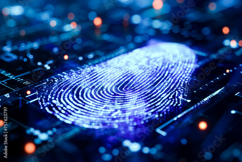  A glowing fingerprint pattern superimposed on a circuit board, symbolizing digital security and identity verification.