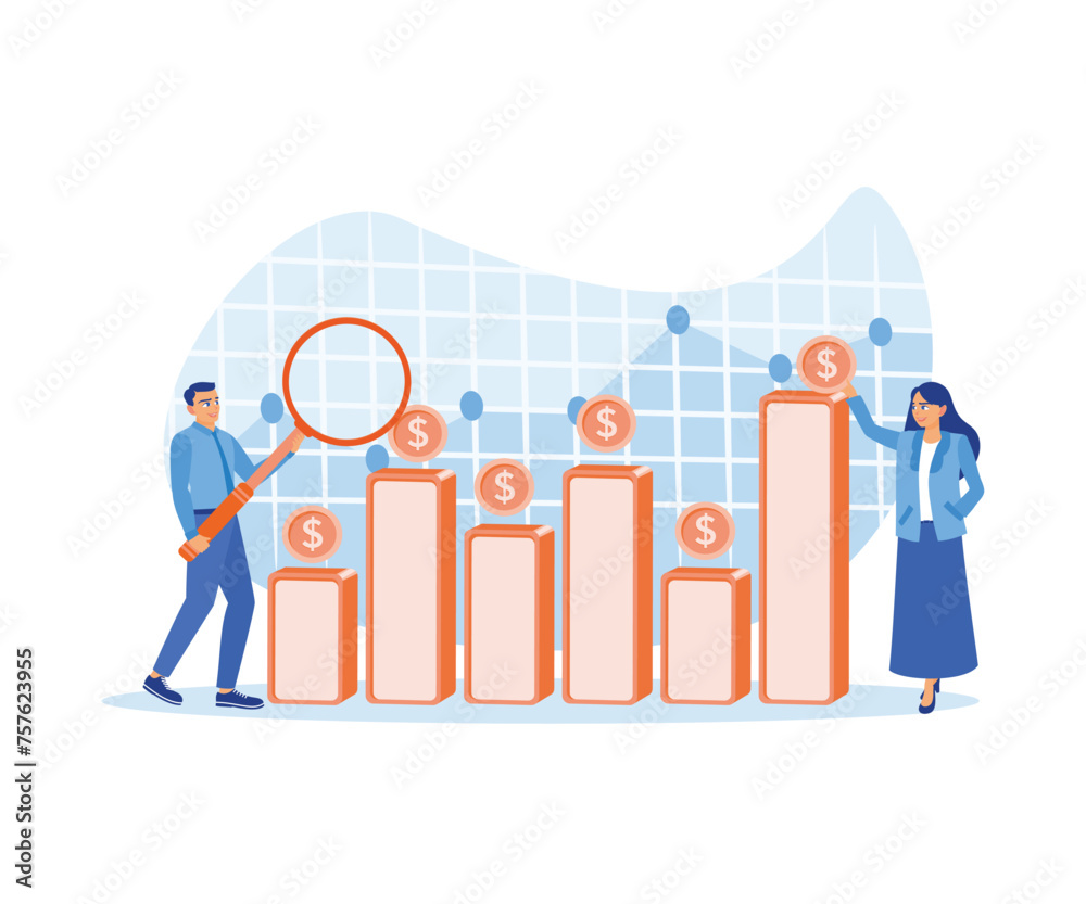 Businessman and assistant analyzing office finances. Looking for business investment opportunities. Investment concept. Flat vector illustration. Businessman and assistant analyzing office finances. Looking for business investment opportunities. Investment concept. Flat vector illustration.