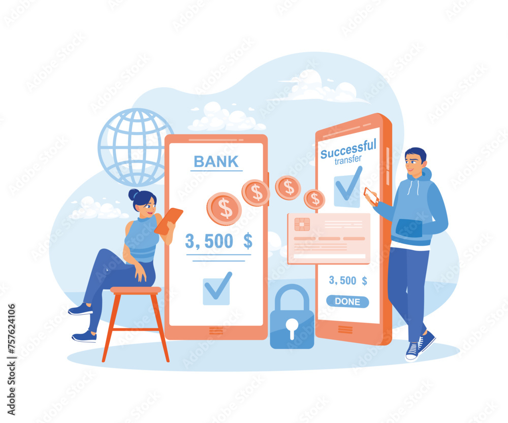  E-money vector illustration. A woman transferring money, digital account banking transactions, digital transaction security. Financial Transactions concept. Flat vector illustration.