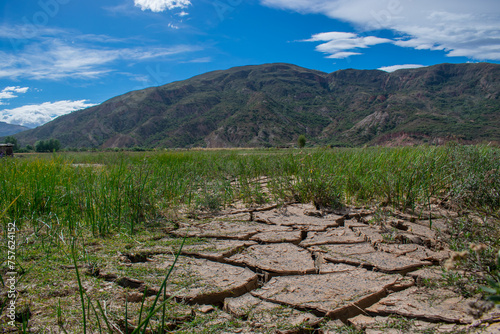 lake drying up due to global warming, in the background a mountain, grass growing again 