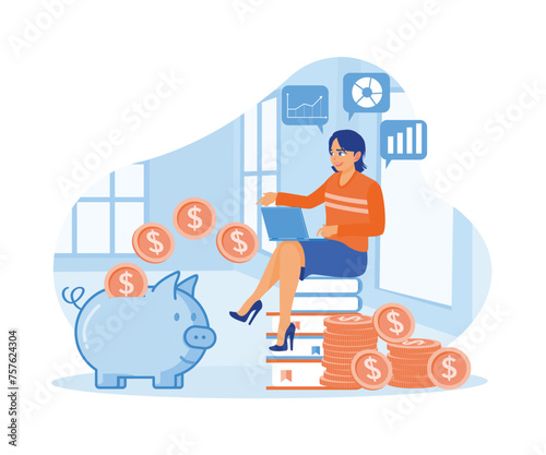  Vector illustration of developing finance. A girl is looking at a laptop, observing infographics, investing, and saving for education funds. Saving money concept. Flat vector illustration.