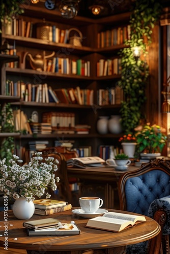 Savoring coffee in a cozy café, bathed in warm light, nestled among bookshelves with the aroma of freshly brewed coffee ☕📚✨