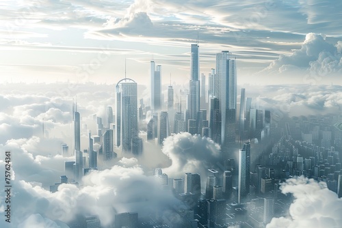 A futuristic metropolis with skyscrapers reaching towards the sky, enveloped by dense clouds. Generative AI