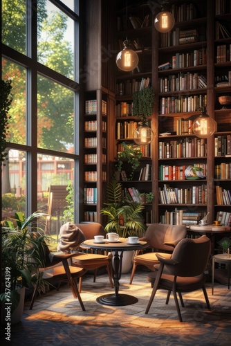 The cozy cafe ambiance, books lining the shelves, and windows offering a view outside create a comforting atmosphere 📚✨☕