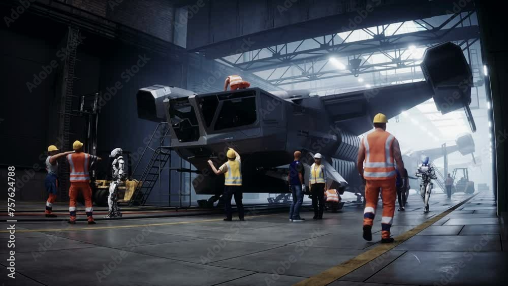 Production of military futuristic ship at the factory. Future concept. Realistic 4k animation. Production of military futuristic ship at the factory. Future concept. Realistic 4k animation.