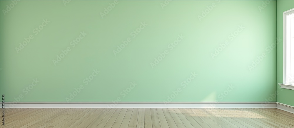 An empty room with hardwood flooring, plywood walls stained in shades of green, a rectangular window allowing natural light to filter in An empty room with hardwood flooring, plywood walls stained in shades of green, a rectangular window allowing natural light to filter in