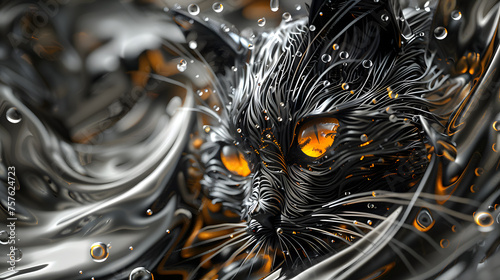 Black cat, orange eyes, hyperdetailed, intricate background design, 3d render, black and white, yellow highlights, metallic sheen, abstract patterns.