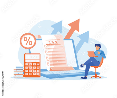  Online tax collection vector illustration. Businessman sitting in front of laptop calculating income and checking tax virtual documents. Tax payment preparation. Tax Audit concept. Flat vector illust