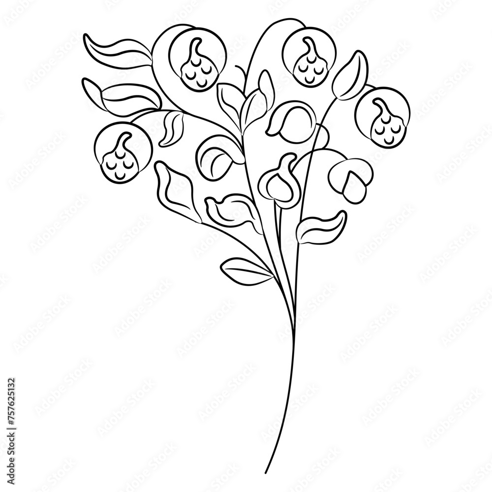 Blooming branch with leaves and fruits or flowers. Folk style. Black and white linear silhouette.