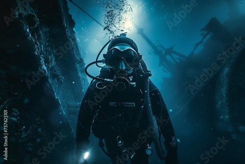 A man in a diving suit exploring sunken shipwrecks in murky waters. Generative AI