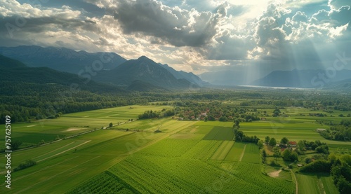 An aerial view capturing the serene beauty of green fields and majestic mountains, reminiscent of Slovenian paintings and transportcore vibes 🌿🏔️✈️ photo