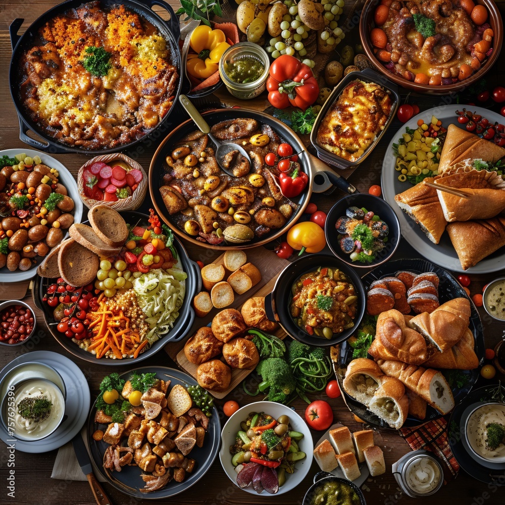 Overhead view of an abundant feast featuring a diverse array of