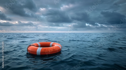 Lifebuoy floating on the open sea under stormy skies.