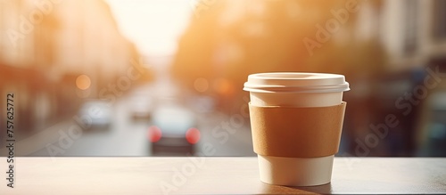 A cup of coffee is resting on a wooden table in front of a window, its liquid casting tints and shades in the sunlight © 2rogan
