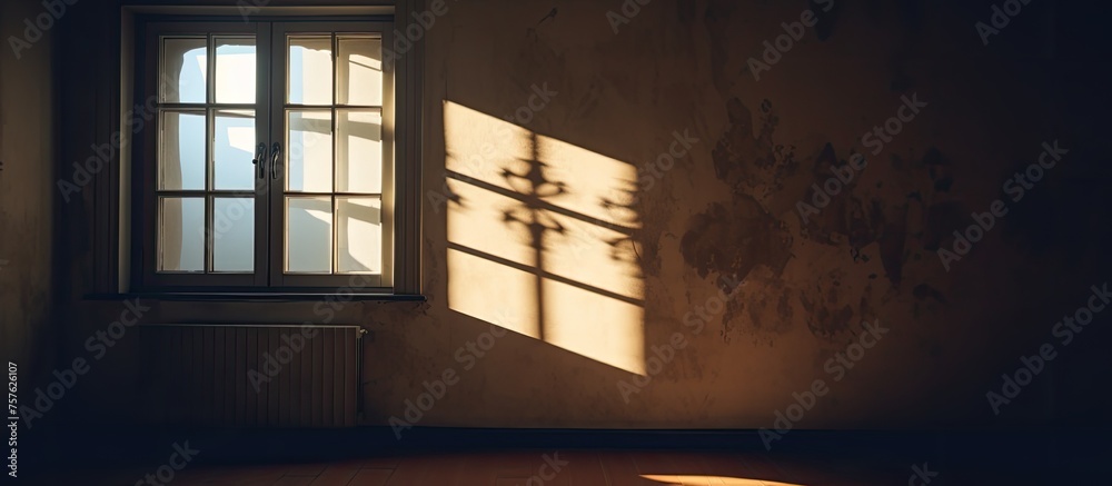 The sunlight is streaming in through the window, creating a shadow on the wall of the rectangular hardwood fixture in the house The sunlight is streaming in through the window, creating a shadow on the wall of the rectangular hardwood fixture in the house