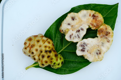 Cut-through noni morinda citrifolia fruit, coffee family (rubiaceae). They are used for juice, powders made from dried fruit for cosmetic and medical products. Terra do Caju, Amazonas, Brazil. photo