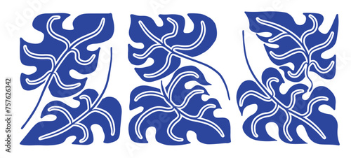 Adams Blue abstract Monstera leaves poster. Minimalist art prints inspired by Matisse, doodle-like design. Adam's ribs plants. Vector illustration isolated on transparent background.