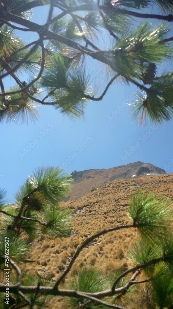  The panoramic view of La Malinche volcano, also known as Matlalcueye or Malintzin in Mexico, shows the imposing beauty of its peak, contrasting with the blue sky.