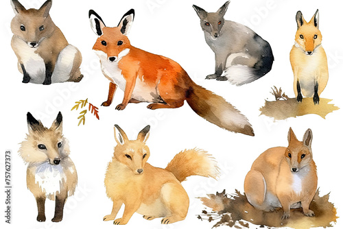 isolated hares hand wild squirrel foxes drawn forest set white Watercolor background illustration animals