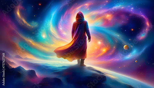 A digital painting of a holographic figure exploring a galaxy-inspired world