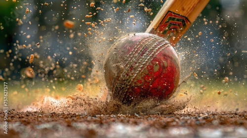 An artistic shot of a cricket ball hitting the stumps, with the bails flying off in a match. The image captures the decisive moment in crisp detail, emphasizing the energy and suddenness of the action photo