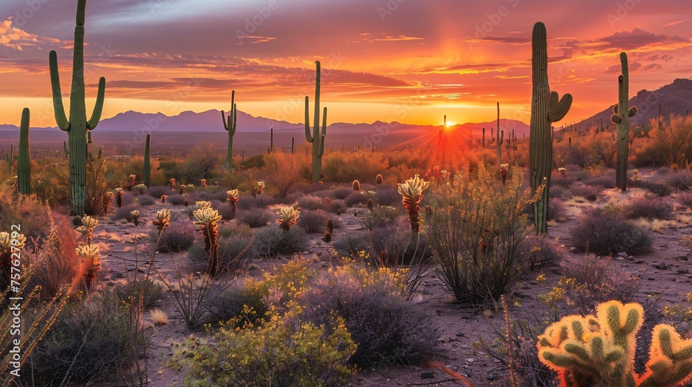Saguaro Cactus at sunset in Saguaro National Park near Tucson, Arizona. - obrazy, fototapety, plakaty 