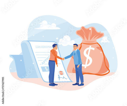 The man is shaking hands with the banker with the money loan agreement. A man borrows money from the bank. Approved Loan concept. Flat vector illustration.