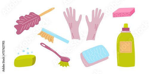 Cleaning service supplies and cleaning product set. Sponge brush gloves pipidastor. Chemicals and equipment for sanitary treatment. For poster cleaning company household chemicals store. Vector.