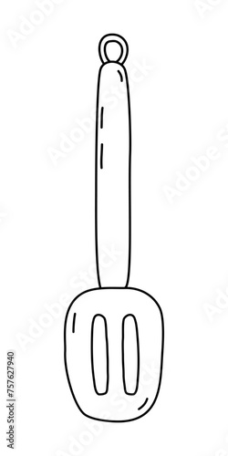 Slotted turner spatula, doodle style flat vector outline for coloring book