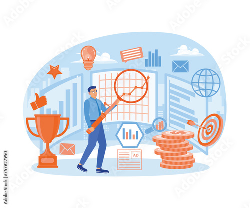 Businessman analyses stock markets globally. Increased financial investment. Investment concept. Flat vector illustration.