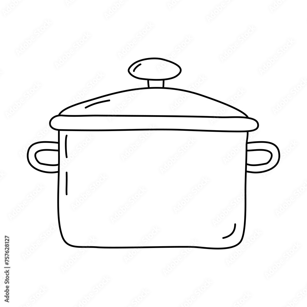 Saucepan with glass lid, doodle style flat vector outline for coloring book Saucepan with glass lid, doodle style flat vector outline for coloring book