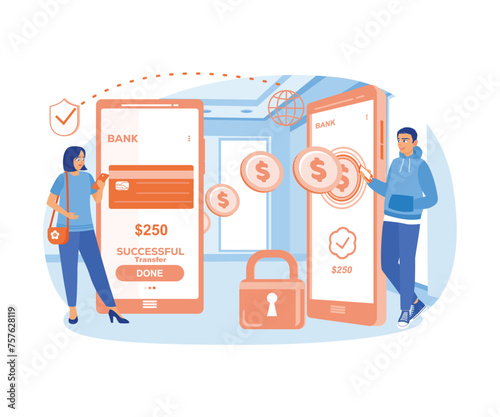 Online banking services. The woman successfully transfers money via mobile phone. Financial transactions concept. Flat vector illustration.