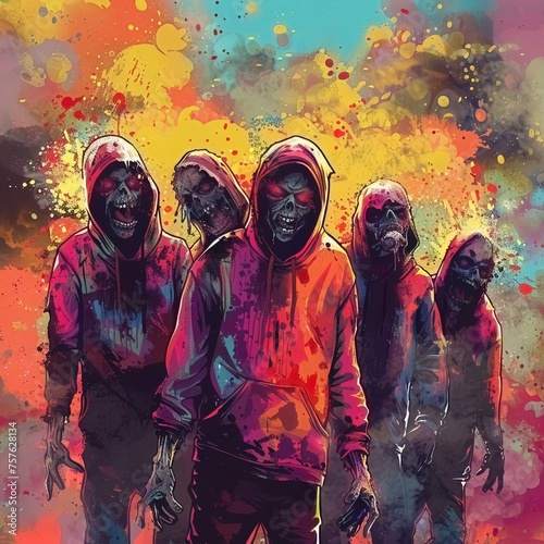 Illustrate a group of scary zombies dressed in plain color hoodies
