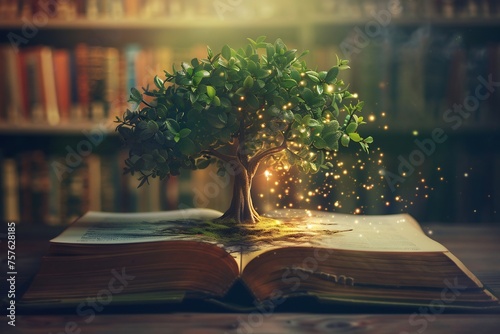 green tree growing from book, Book or tree of knowledge concept with tree growing from an old open book
