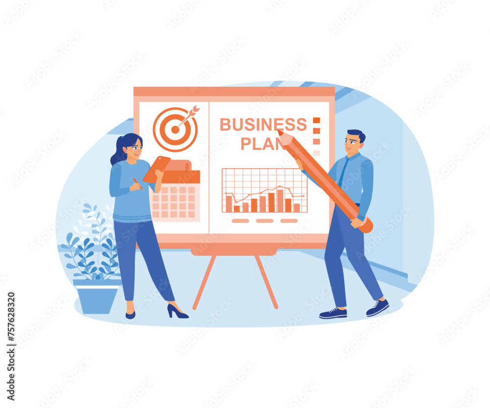 The manager and assistant hold a business plan presentation for the work team. Business strategy to achieve targets. Business Plan concept. Flat vector illustration. The manager and assistant hold a business plan presentation for the work team. Business strategy to achieve targets. Business Plan concept. Flat vector illustration.