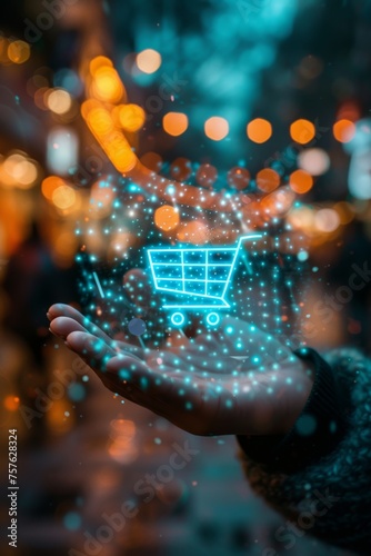 A man's hand holding a hologram of a shopping cart, the concept of Internet technology, mobile online shopping