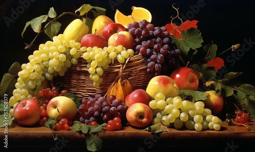 Still life with fruits in a basket on a wooden table. Black background.