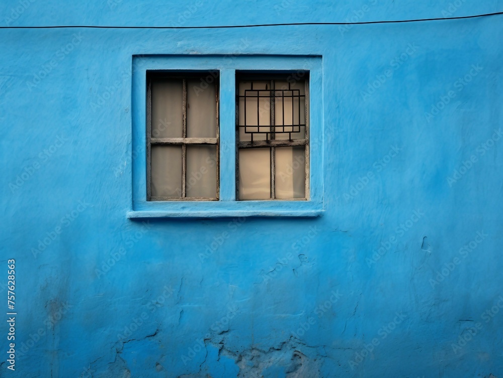 Blue wall and window of a house in Chefchaouen, Morocco
